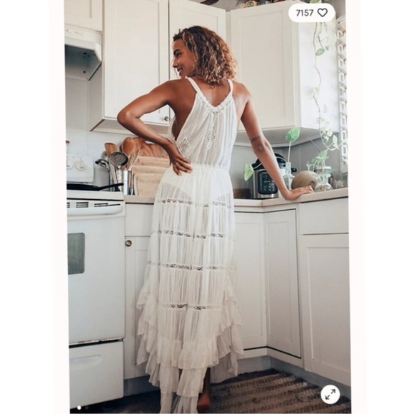 Free People Dolly Bodysuit Dress White Lace Maxi Ruffle Dress Boho Ethereal S - Picture 2 of 15